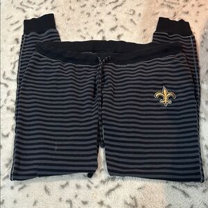 NFL Saints Black and Gray Striped Pajama Pants with Gold Emblem